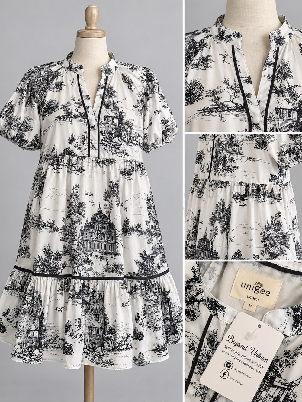 Umgee Black & White Scenic Print Puff Sleeve Dress for Girls
